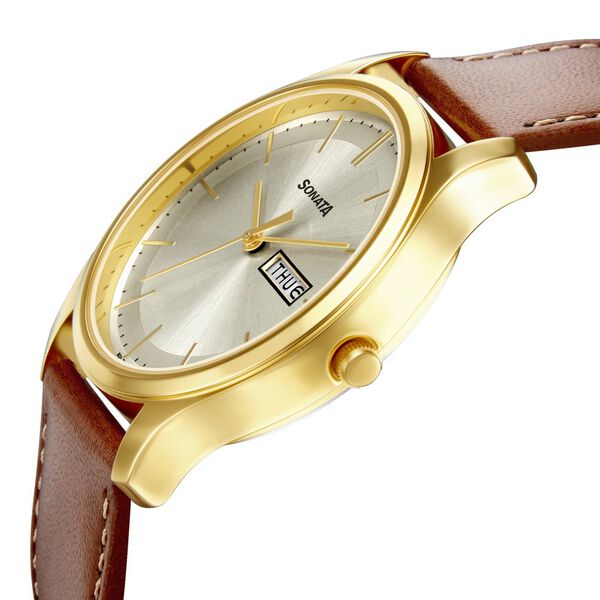Sonata Quartz Analog with Day and Date Champagne Dial Leather Strap Watch for Men - image number 2
