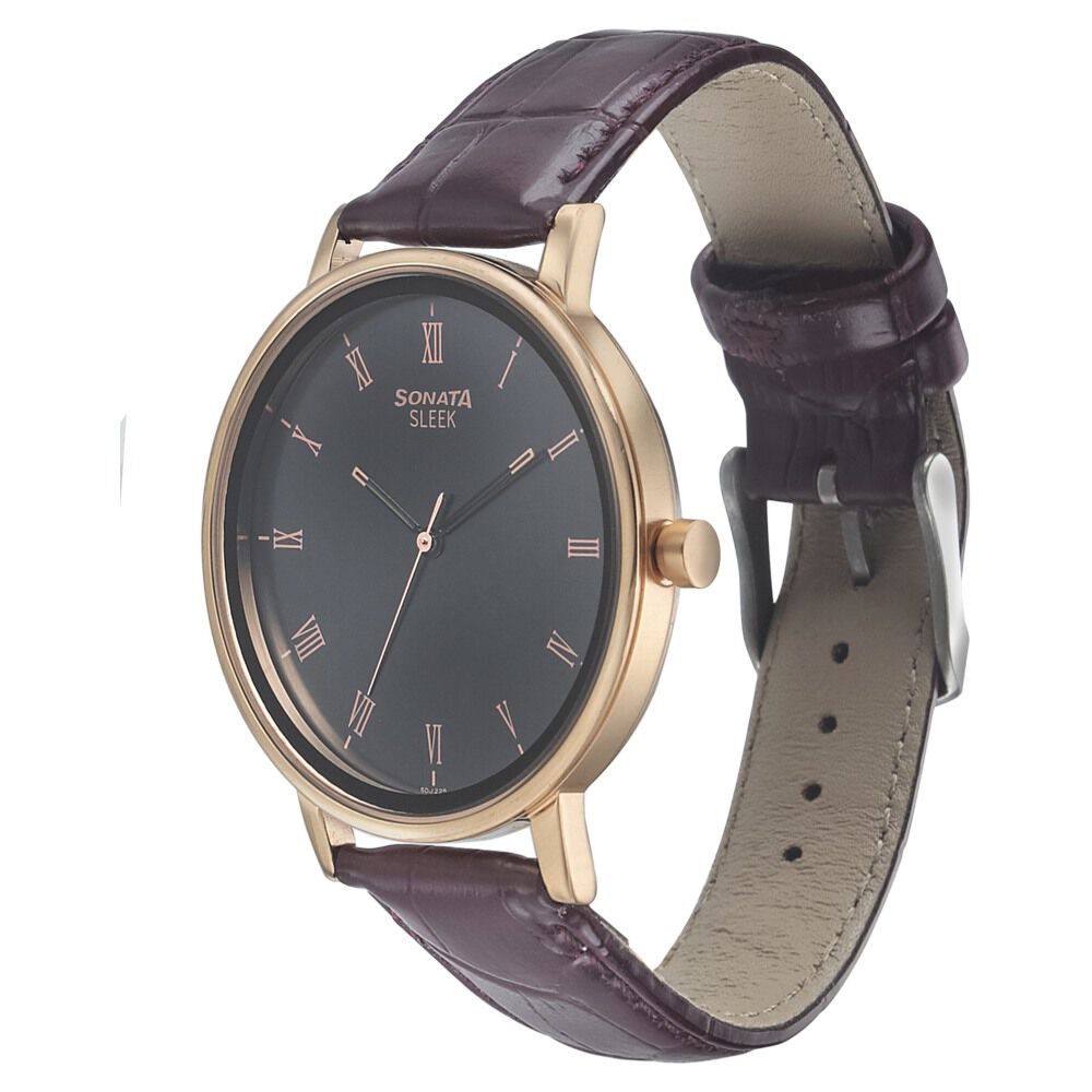 Buy Online Sonata Quartz Analog Anthracite Dial Leather Strap Watch for Men 7131wl01 p Sonata