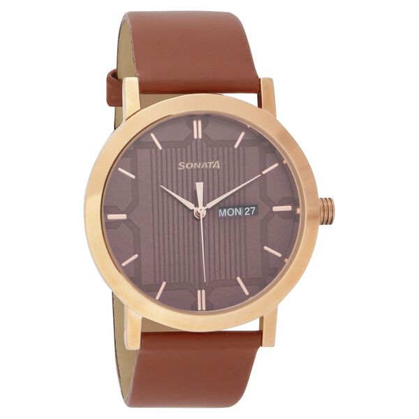 Sonata Quartz Analog with Day and Date Brown Dial Leather Strap Watch for Men - image number 0