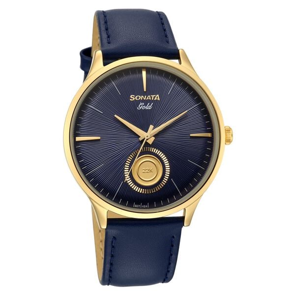 Sonata Gold Blue Dial Leather Strap Watch for Men with 22K Tanishq Gold Coin - image number 1
