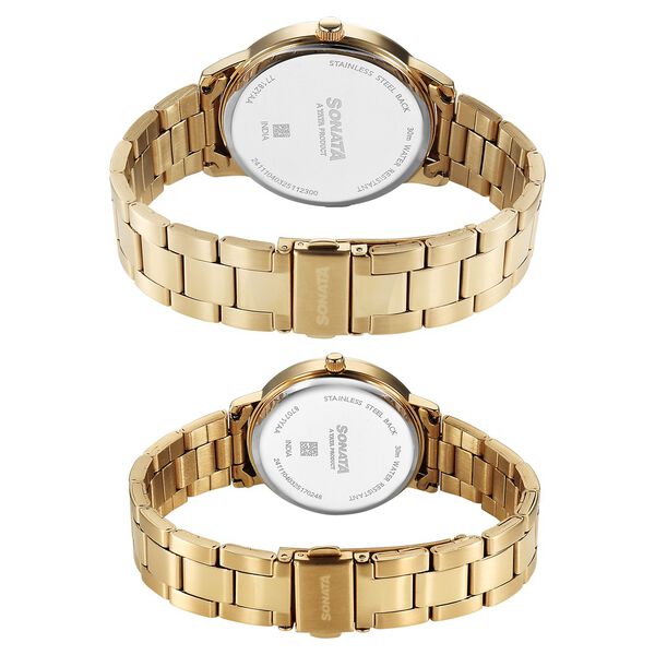 Sonata Perfect Pairs Quartz Analog Silver Dial Golden Metal Strap Watch For Couple - image number 3