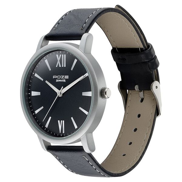 Sonata Poze Quartz Analog Black Dial Leather Strap Watch for Men - image number 3