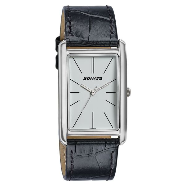 Sonata Ascent White Rectangular Watch with Leather Strap - image number 1