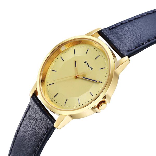Sonata Traditional Essentials Quartz Analog Champagne Dial Leather Strap Watch for Men - image number 2