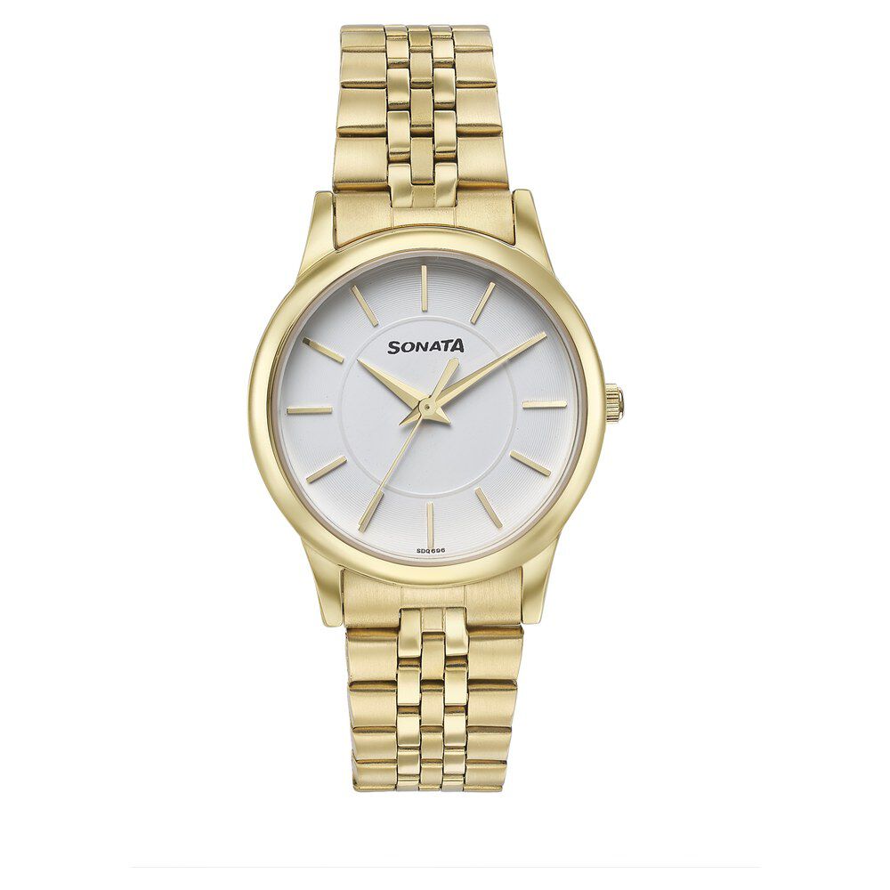 Buy Online Sonata Glam Gold Quartz Analog Off White Dial Stainless Steel Strap Watch For Women 87062ym02w p Sonata