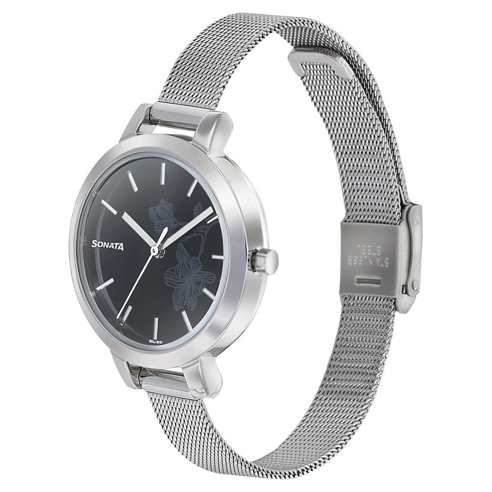 Buy Online Sonata Silver Lining Black Dial Women Watch With Stainless Steel Strap ns8141sm09 Sonata