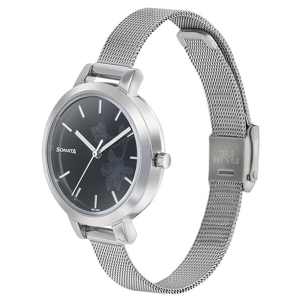 Sonata Silver Lining Black Dial Women Watch With Stainless Steel Strap - image number 1