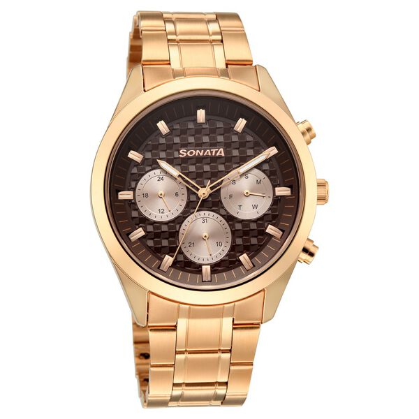 Sonata Summit Quartz Multifunction Brown Dial Rose Gold Metal Strap Watch For Men - image number 1