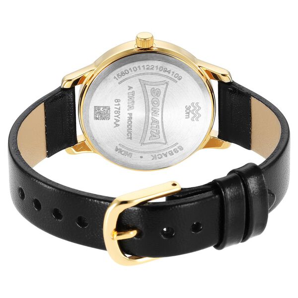 Sonata Classic Gold Black Dial Leather Strap Watch for Women - image number 3