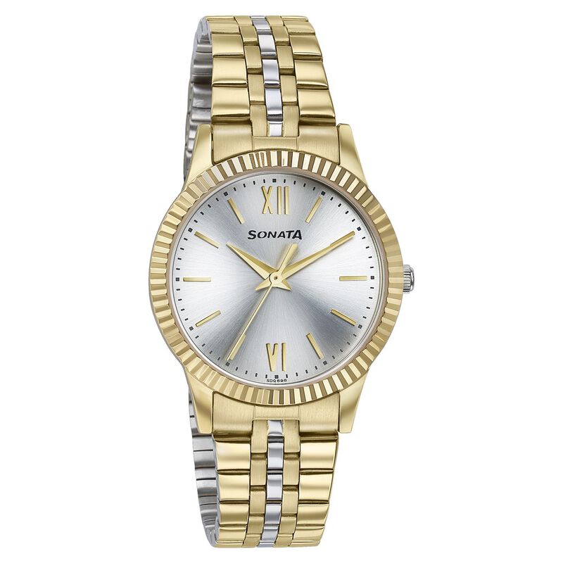 Sonata Glam Gold Quartz Analog Silver Dial Stainless Steel Strap Watch For  Women