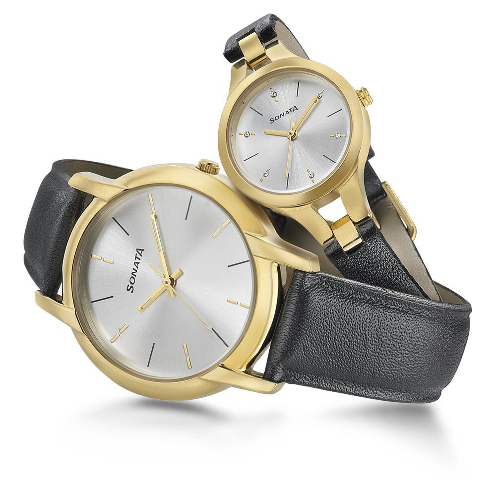 Sonata Quartz Analog Silver Dial Leather Strap Watch for Couple