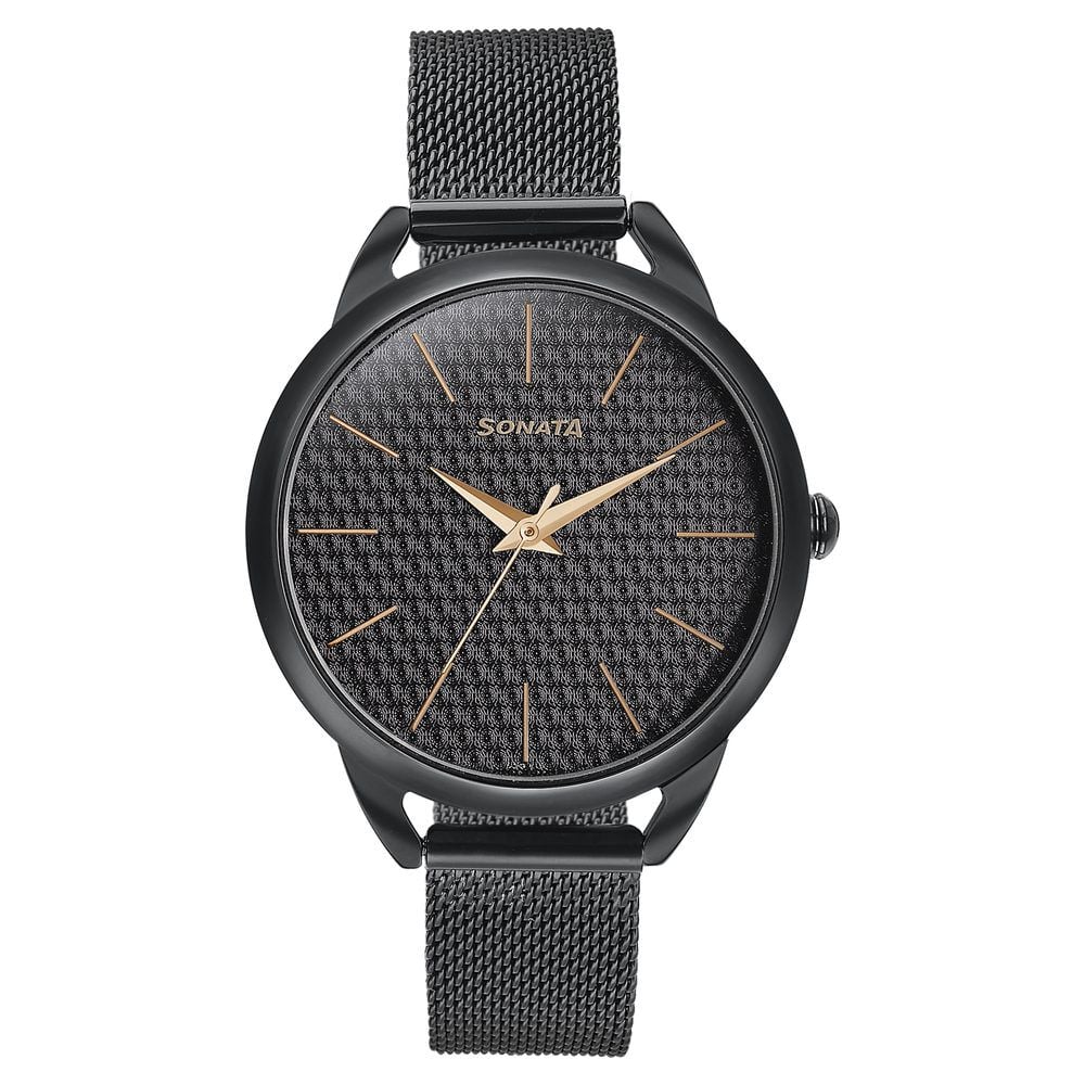 Sonata Wedding Bling Quartz Analog Black Dial Black Stainless Steel Strap Watch for Women-picture-28