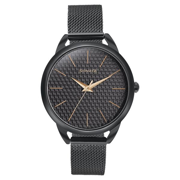 Sonata Wedding Bling Quartz Analog Black Dial Black Stainless Steel Strap Watch for Women - image number 0
