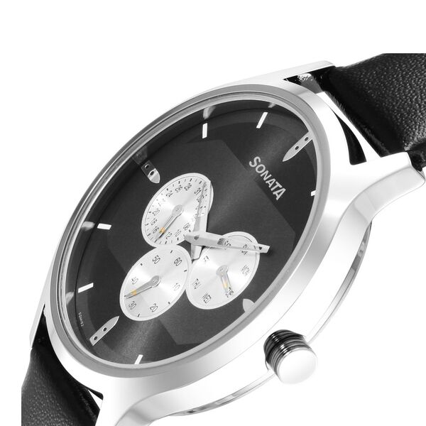 Sonata Force Quartz Multifunction Black Dial Leather Strap Watch for Men - image number 4