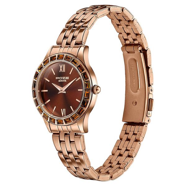 Sonata Poze Quartz Analog Brown Dial Rose Gold Metal Strap Watch For Women - image number 4