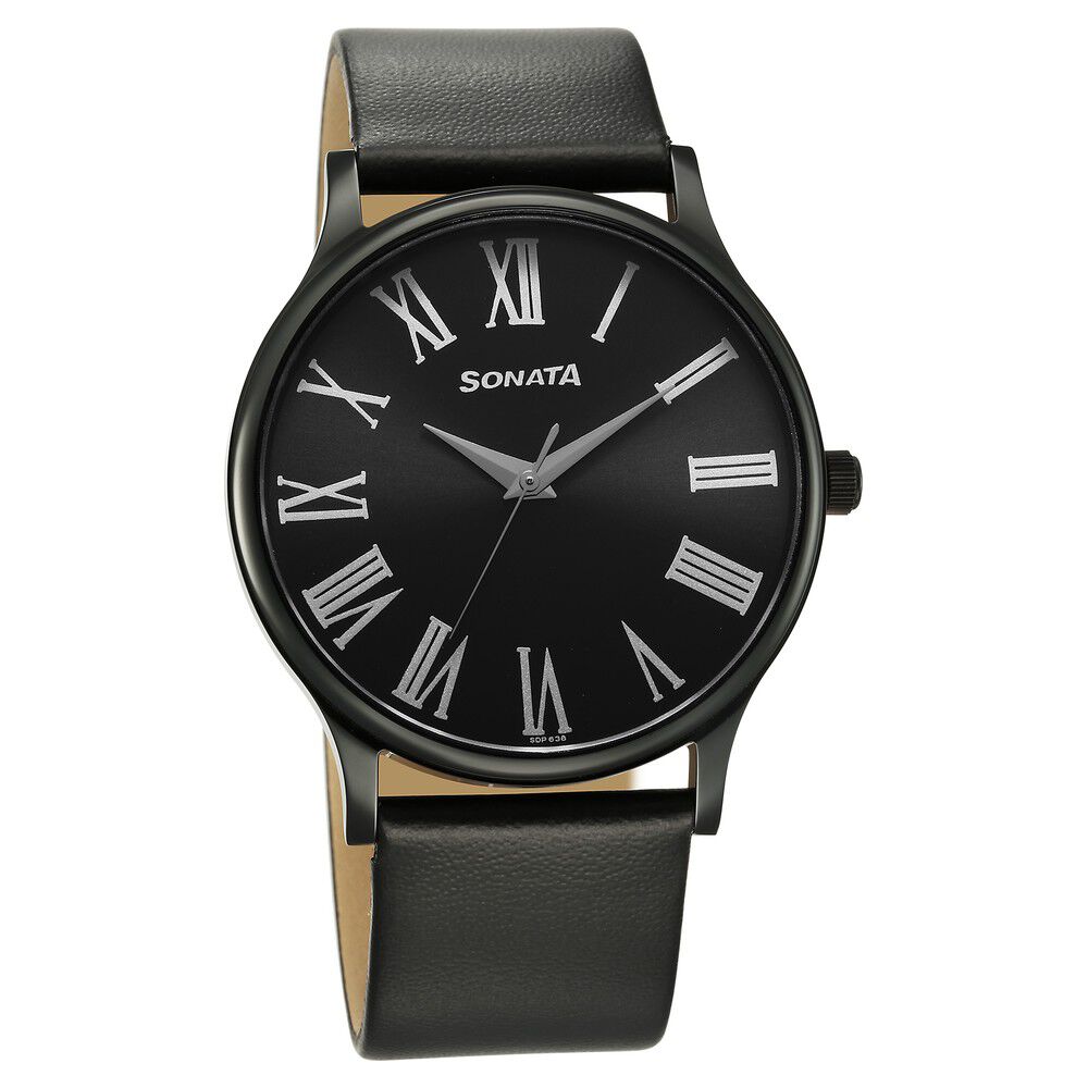 Sonata black leather watch hotsell
