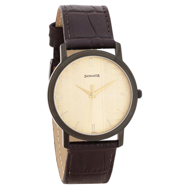 Sonata Quartz Analog Golden Dial Leather Strap Watch for Men