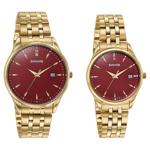 Sonata Jashn Quartz Analog Red Dial Golden Metal Strap Watch For Couple - image number 1