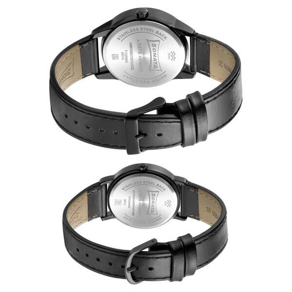 Sonata Quartz Analog with Date Black Dial Leather Strap Watch for Couple - image number 3