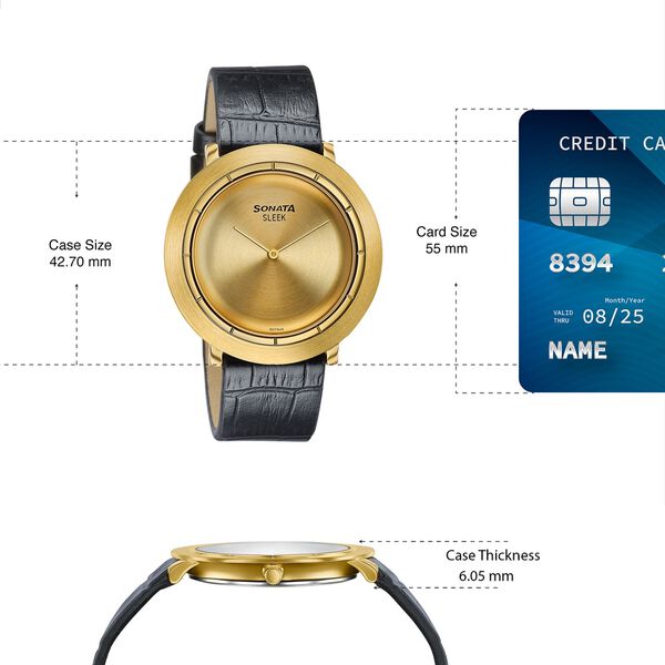 Sonata Sleek Champagne Dial Gold-Tone Leather Strap Watch - image number 3