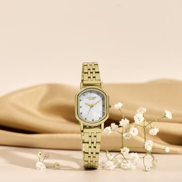 Poze By Sonata Quartz Analog White Mother of Pearl Dial Golden Stainless Steel Strap Watch For Women