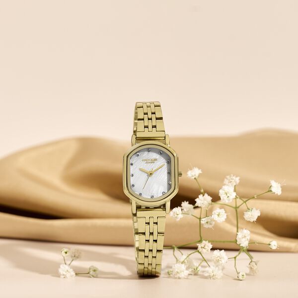 Poze By Sonata Quartz Analog White Mother of Pearl Dial Golden Stainless Steel Strap Watch For Women - image number 0