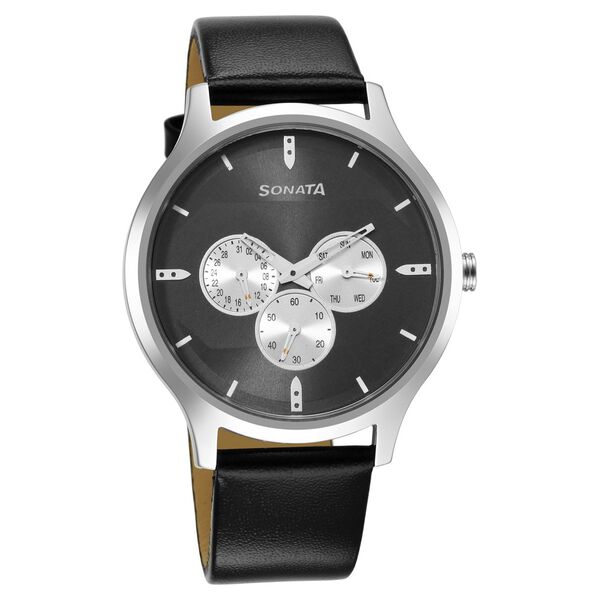 Sonata Force Quartz Multifunction Black Dial Leather Strap Watch for Men - image number 0