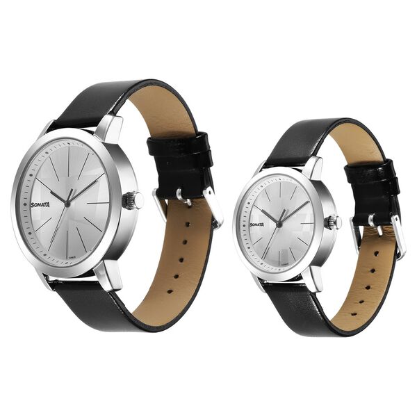 Sonata Pairs Quartz Analog Silver Dial Leather Strap Watch for Couple - image number 2