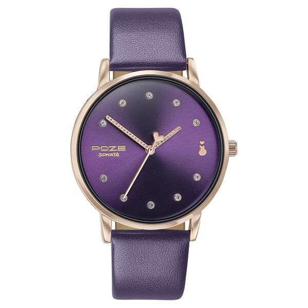 Sonata Poze Quartz Analog Purple Dial Leather Strap Watch For Women - image number 1