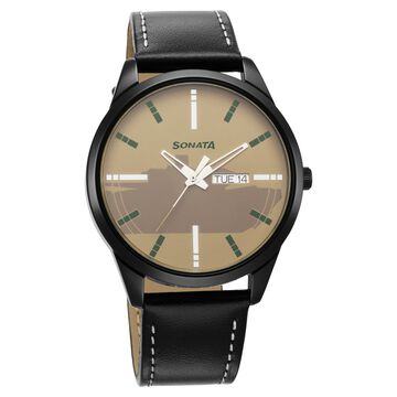 Sonata Force Quartz Analog with Day and Date Off White Dial Leather Strap Watch for Men