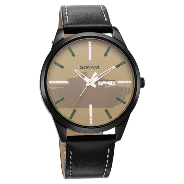 Sonata Force Quartz Analog with Day and Date Off White Dial Leather Strap Watch for Men - image number 0