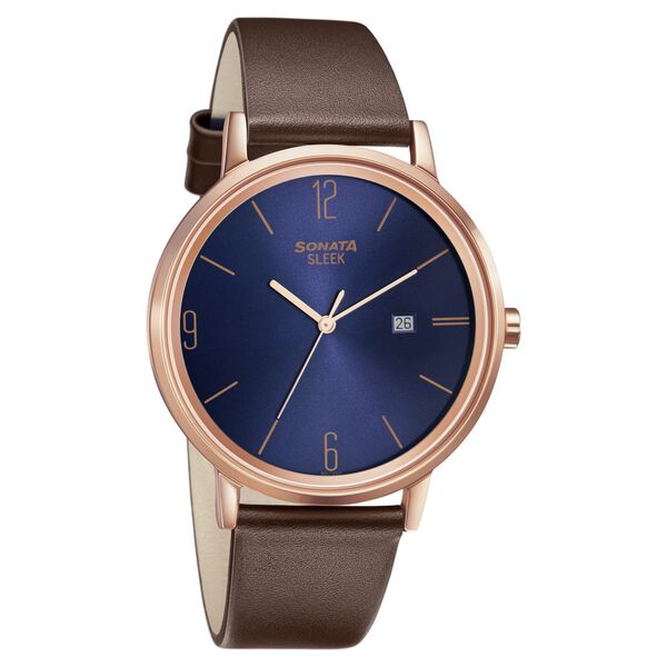 Sonata Quartz Analog with Date Blue Dial Leather Strap Watch for Men - image number 0