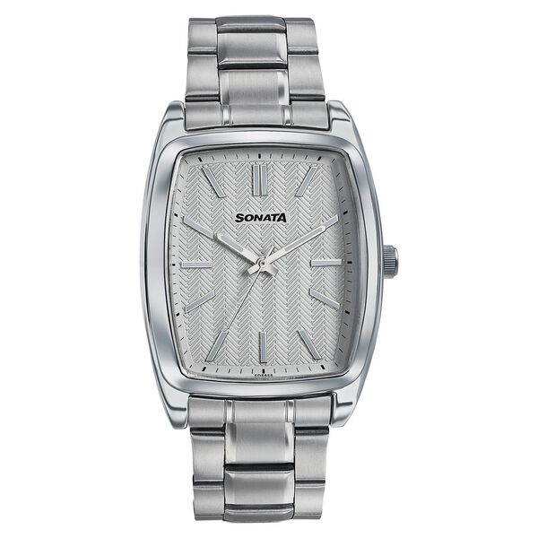 Sonata Ascent White Textured Tonneau Watch for Men - image number 0