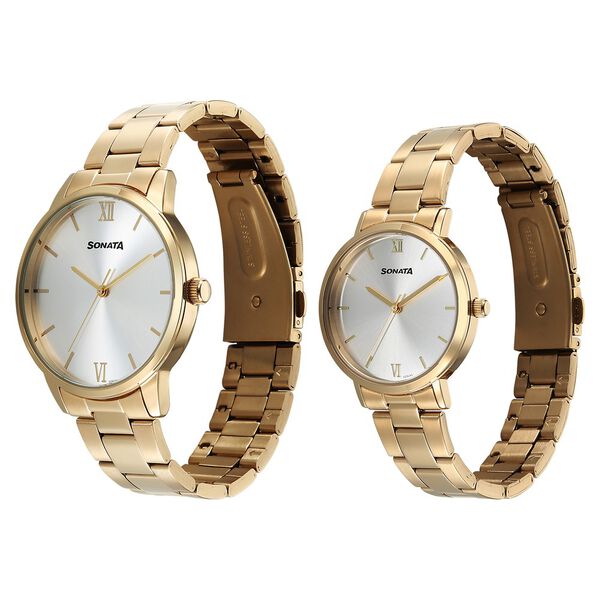 Sonata Perfect Pairs Quartz Analog Silver Dial Golden Metal Strap Watch For Couple - image number 1