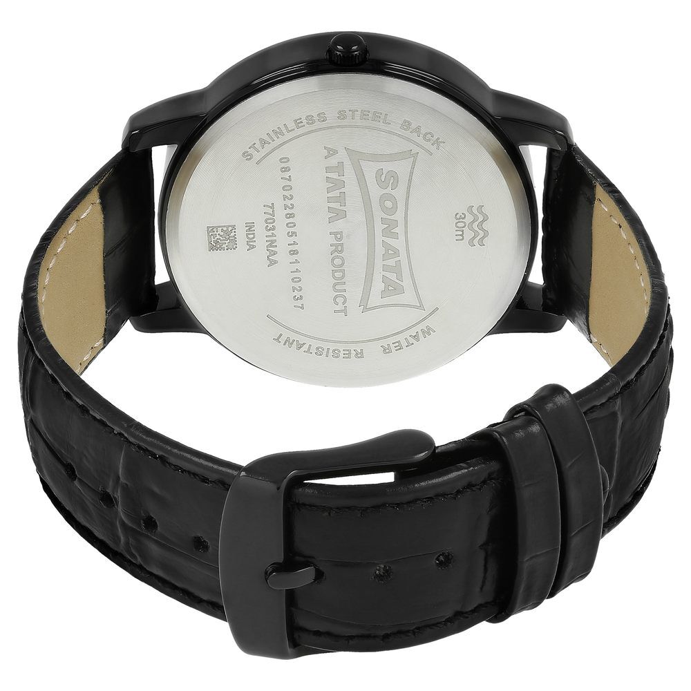 Buy Online Sonata Quartz Analog with Day and Date Silver Dial Leather Strap Watch for Men nm77031nl03 Sonata