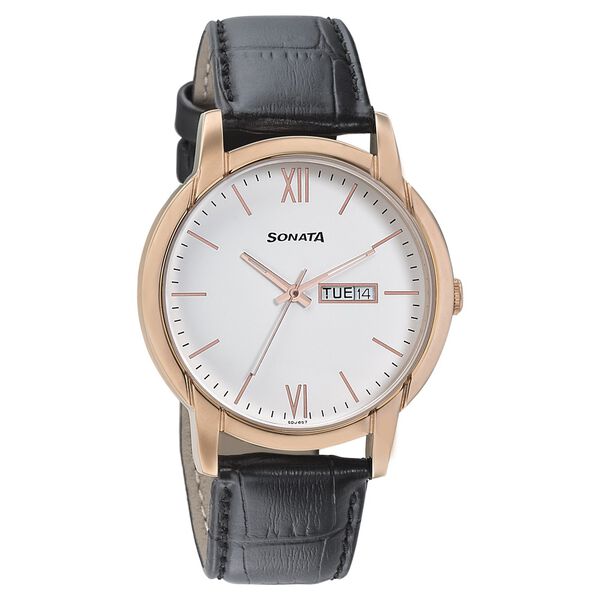 Sonata Beyond Gold Quartz Analog with Day and Date White Dial Leather Strap Watch for Men - image number 0