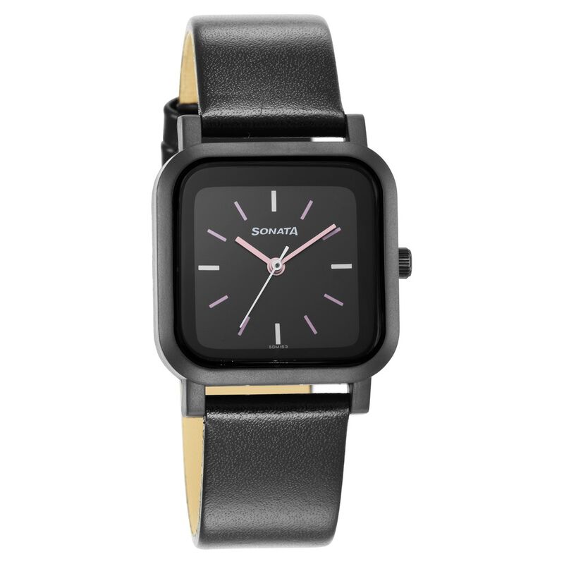 Sonata Pop Black Dial Women Watch With Leather Strap