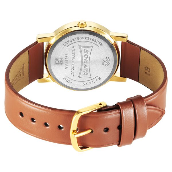 Sonata Classic Quartz Analog Champagne Dial Brown Leather Strap Watch for Men - image number 3