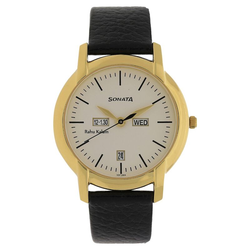 Sonata Quartz Analog with Day and Date Champagne Dial Leather Strap Watch for Men - image number 0