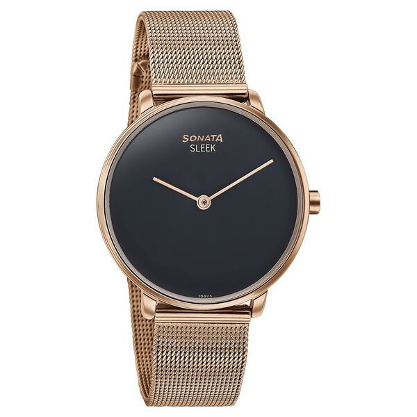 Sonata Sleek Quartz Analog Black Dial Rose Gold Stainless Steel Strap Watch for Women - image number 1