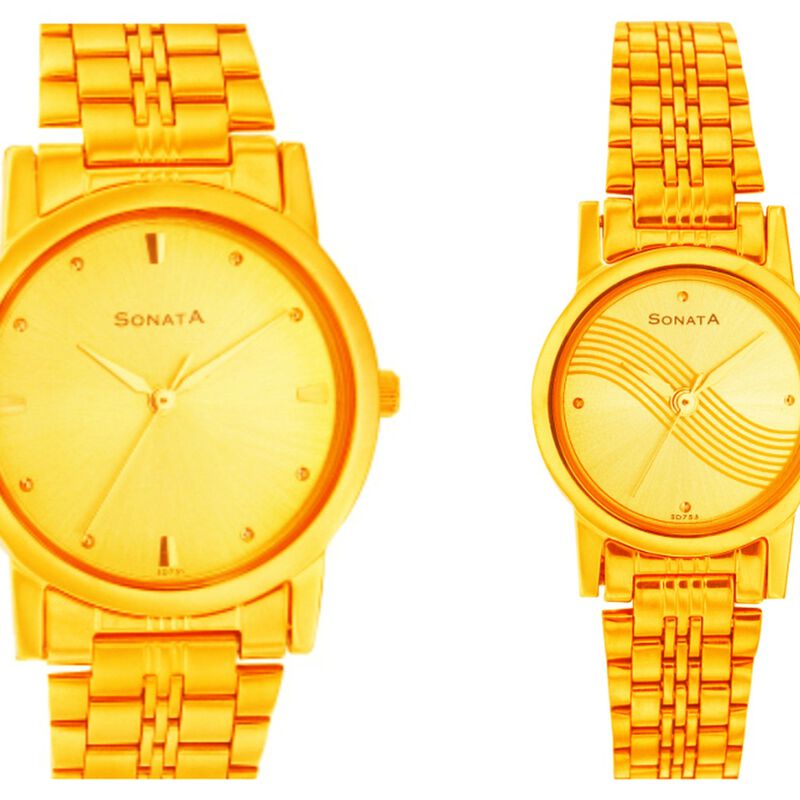 Sonata Quartz Analog Champagne Dial Strap Watch for Couple - image number 0