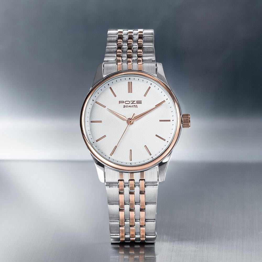 Sonata Poze Quartz Analog White Dial Two Toned Colour Stainless Steel Strap Watch For Men