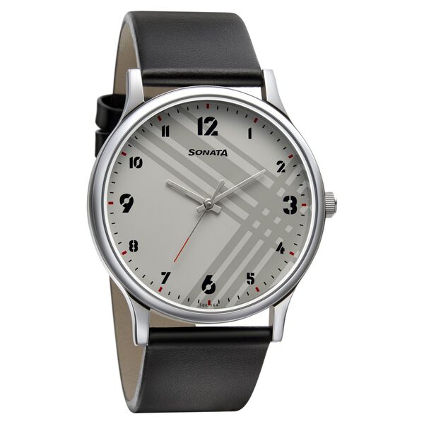 Sonata Smart Plaid Quartz Analog White Dial Leather Strap Watch for Men - image number 0