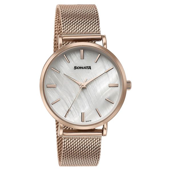 Sonata Quartz Analog White Round Dial Rose Gold Stainless Steel Strap Watch For Women - image number 2