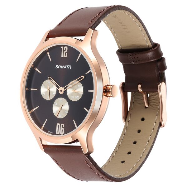 Sonata Quartz Multifunction Brown Dial Leather Strap Watch for Men - image number 1
