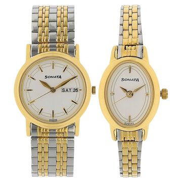 Sonata Quartz Analog White Dial Stainless Steel Strap Watch for Couple