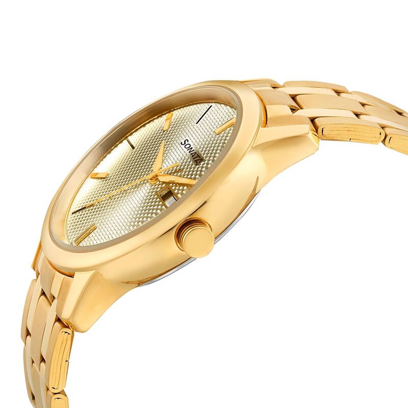 Sonata Quartz Analog with Day and Date Champagne Dial Metal Strap Watch for Men - image number 2
