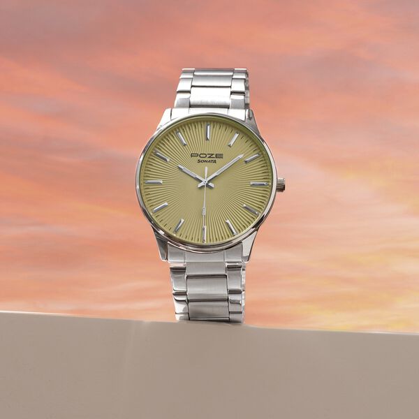 Poze By Sonata Quartz Analog Yellow Dial Silver Stainless Steel Strap Watch For Men - image number 0