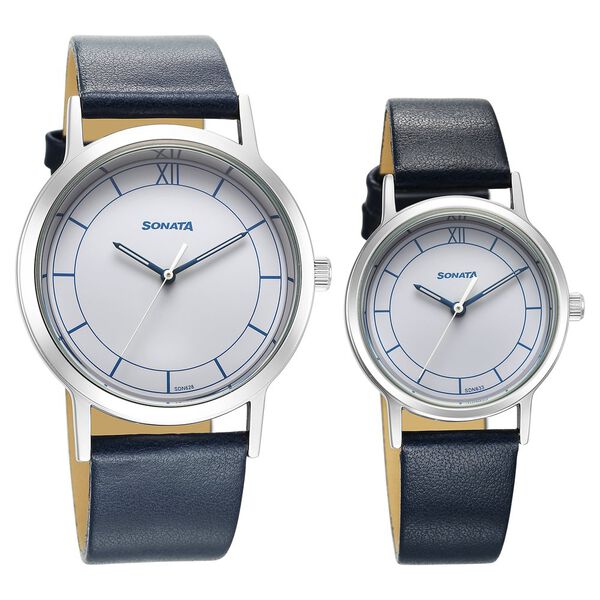 Sonata Pairs Quartz Analog White Dial Black Leater Strap Watch for Couple - image number 0