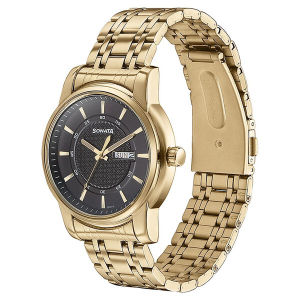 Sonata Quartz Analog with Day and Date Black Dial Golden Stainless Steel Strap Watch For Men - image number 3
